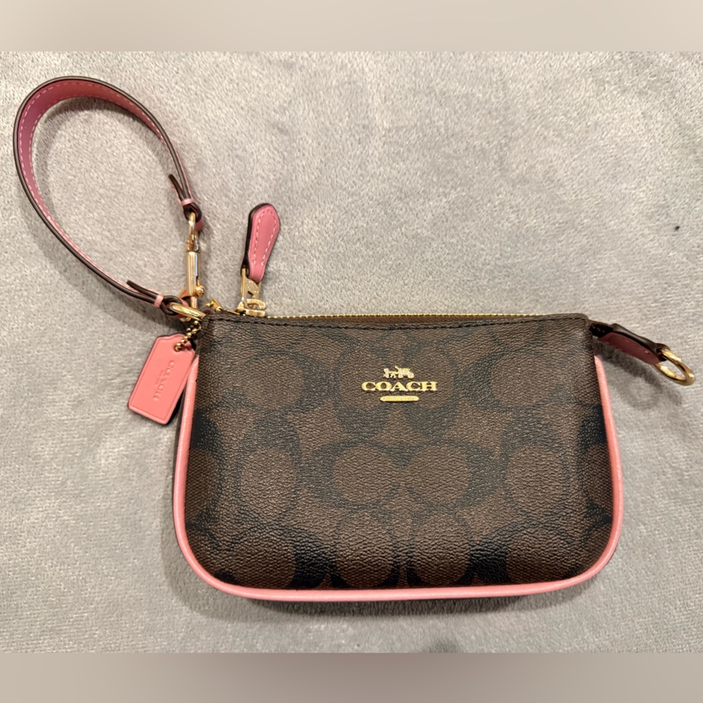 Coach Signature Brown Wristlet with Pink Trim